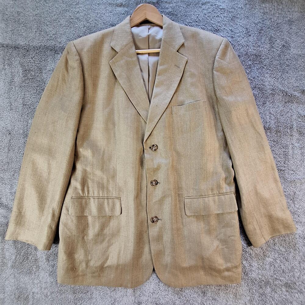 Stafford Sport Coat Mens 42 Long Beige Silk Herringbone Ventless 3 Button Tweed